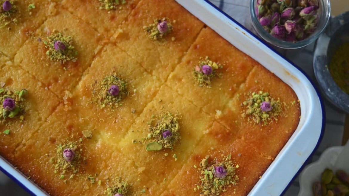 Basbousa Cake With Cream Filling Semolina Cake Drizzled With Syrup Basbousa Cake With Cream Filling