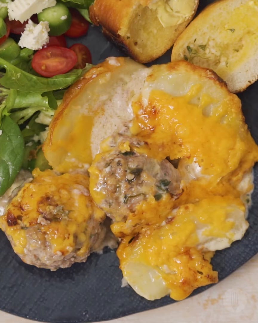 Cheesy Meatball and Potato Bake