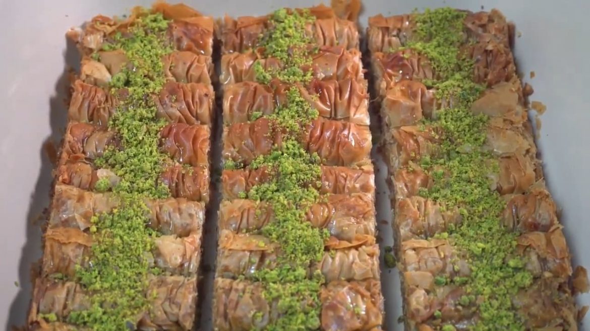 Bite sized pistachio and walnut rolled baklava